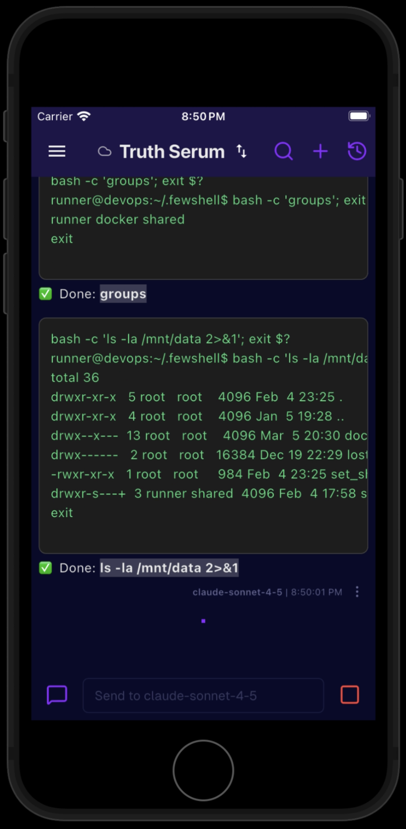Fewshell AI SSH client on iPhone approving a shell command