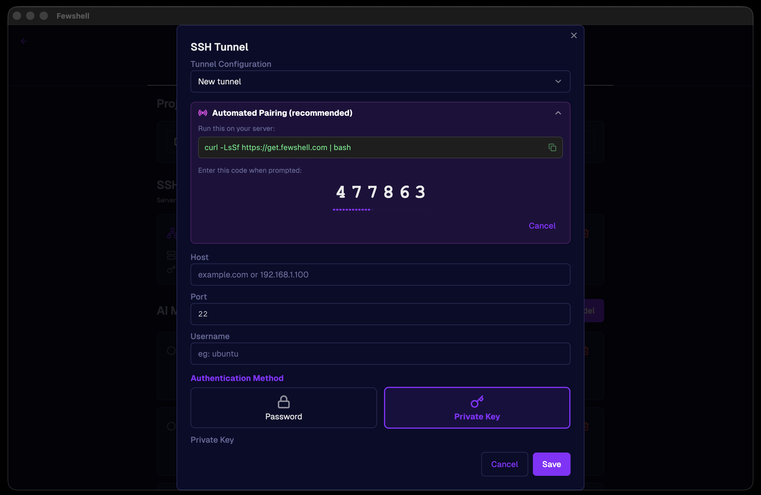 Fewshell SSH key pairing dialog prompting to add a public key to the server
